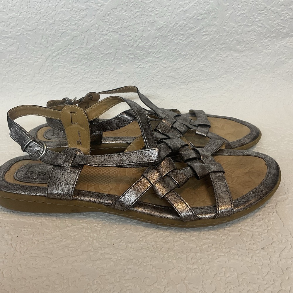 BOC Flat Sandals Size 10M Women Pewter Leather Woven Strappy Buckle Adjustable